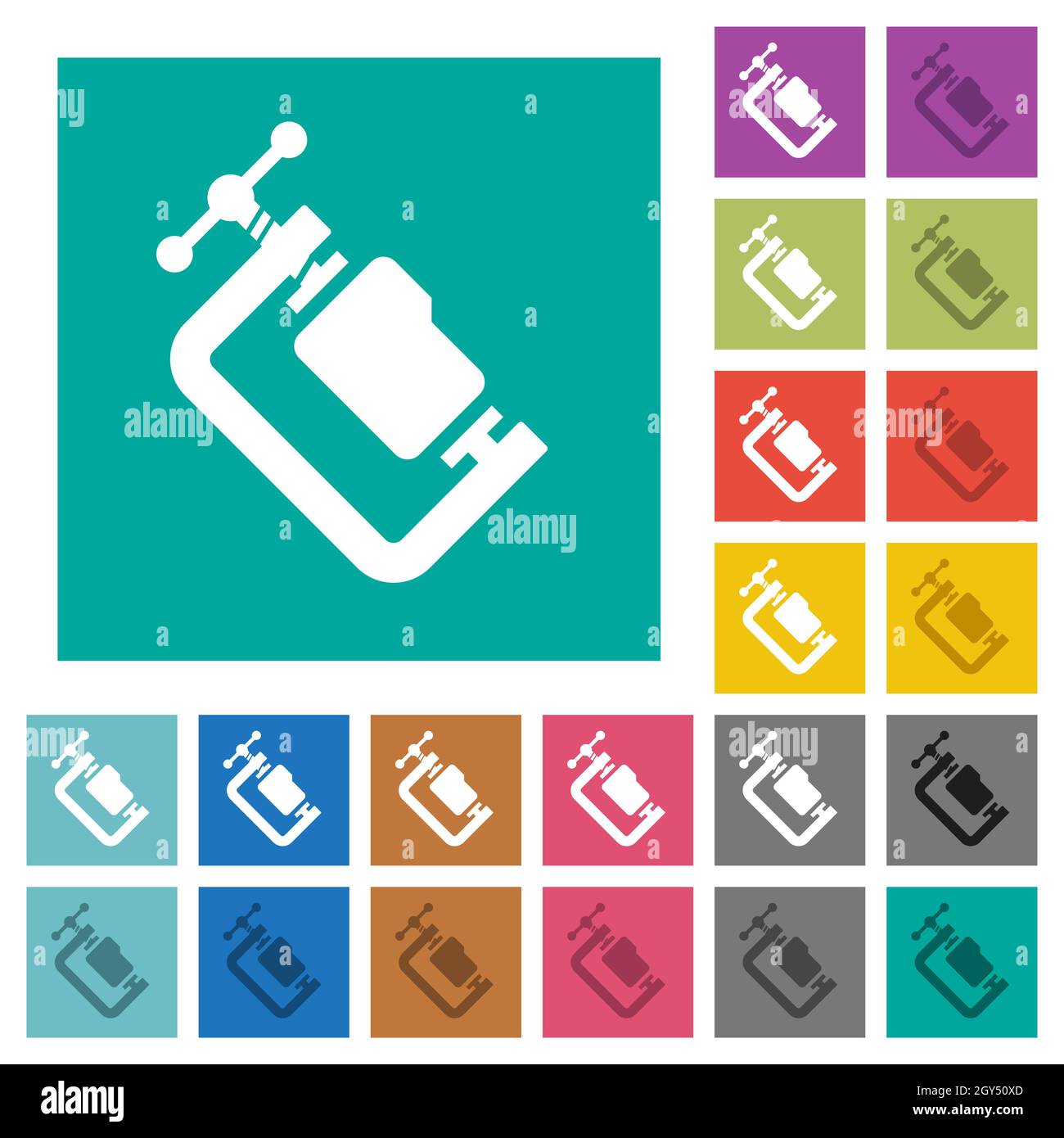 Folder compression solid multi colored flat icons on plain square backgrounds. Included white and darker icon variations for hover or active effects. Stock Vector