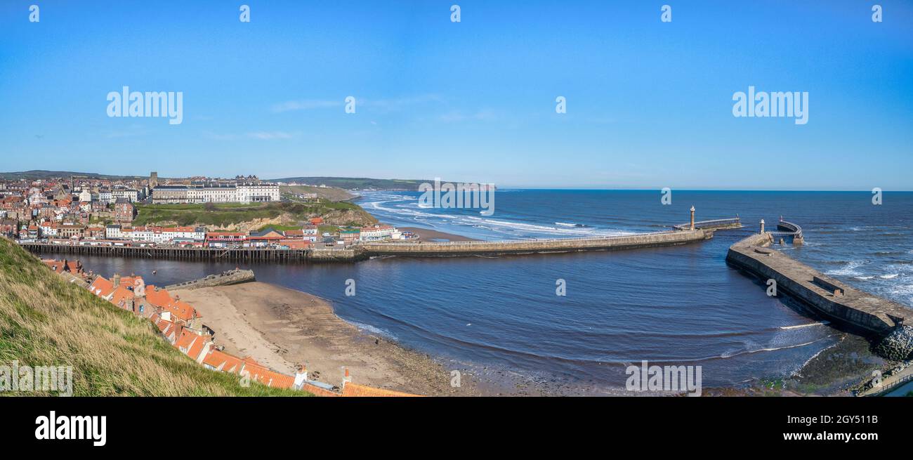 Panorama of the entrance to Whitby Harbour, North Yorkshire, at low tide. Stock Photo