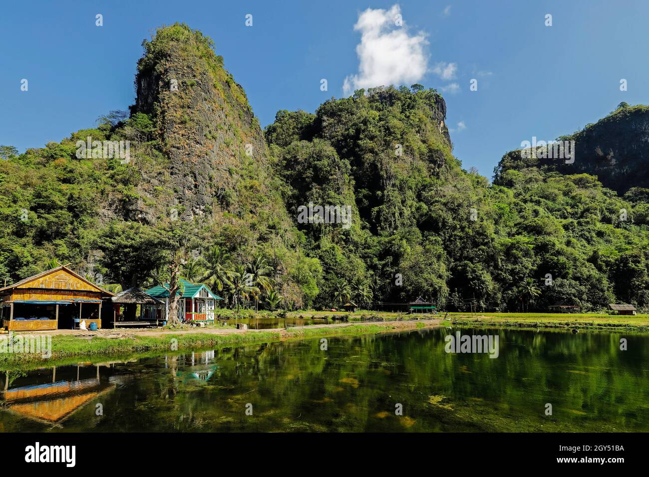 Fish pond, stilt house & limestone rocks at this popular tourist site