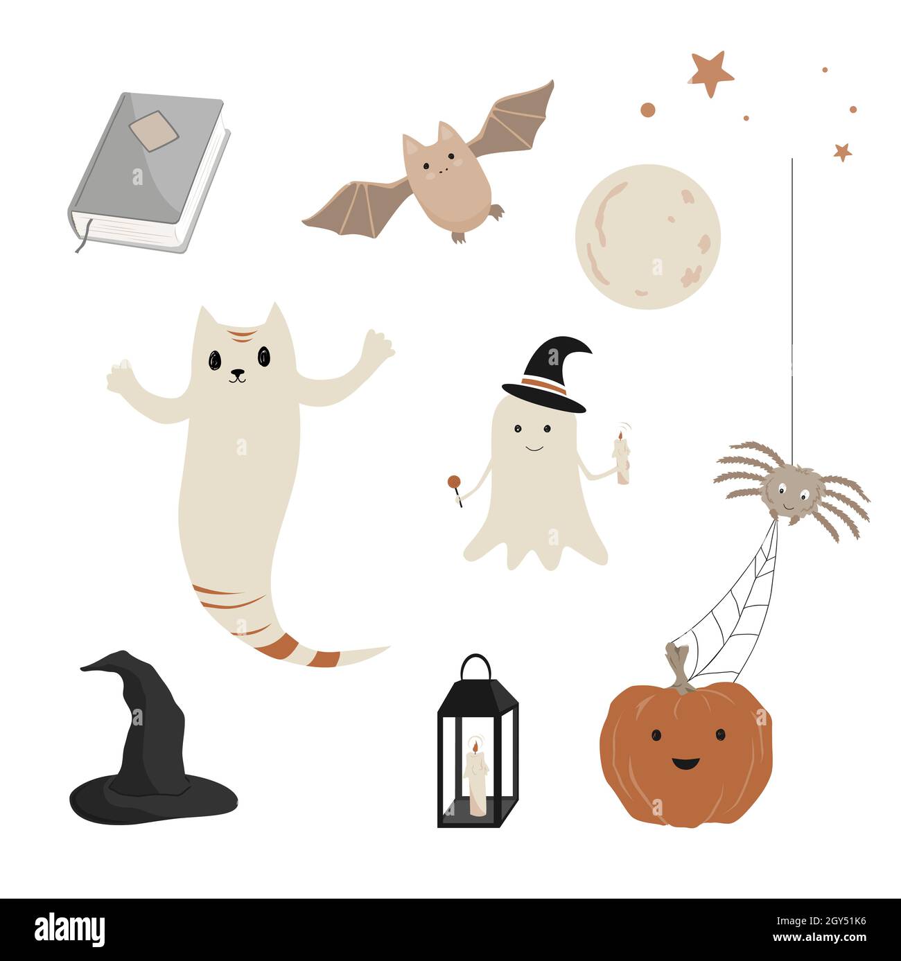 Halloween icons set. Cute ghosts, magic book, witch hat, full moon, and crazy pumpkin with a spider. Halloween characters collection in nursery style Stock Vector
