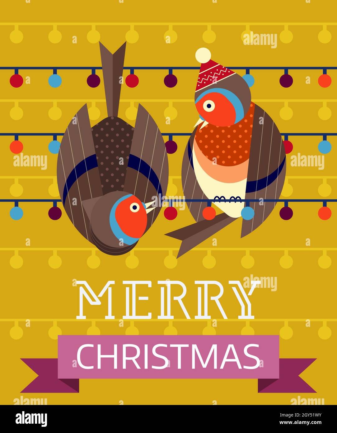 Christmas Birds Card with Funny Robin Couple Stock Vector