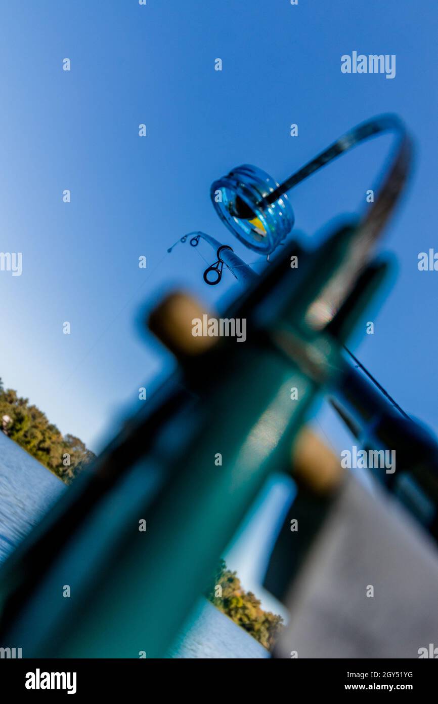 Spinning rod for catching large fish in full length close-up. Fishing. Stock Photo