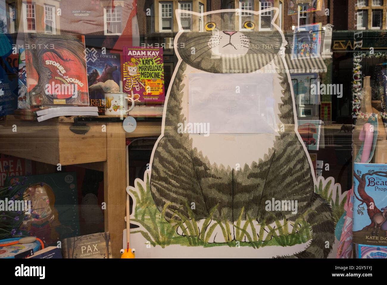 Judith Kerr's Mog the Forgetful Cat in the window of the Barnes Bookshop, Church Road, Barnes, London, SW13, England, UK Stock Photo