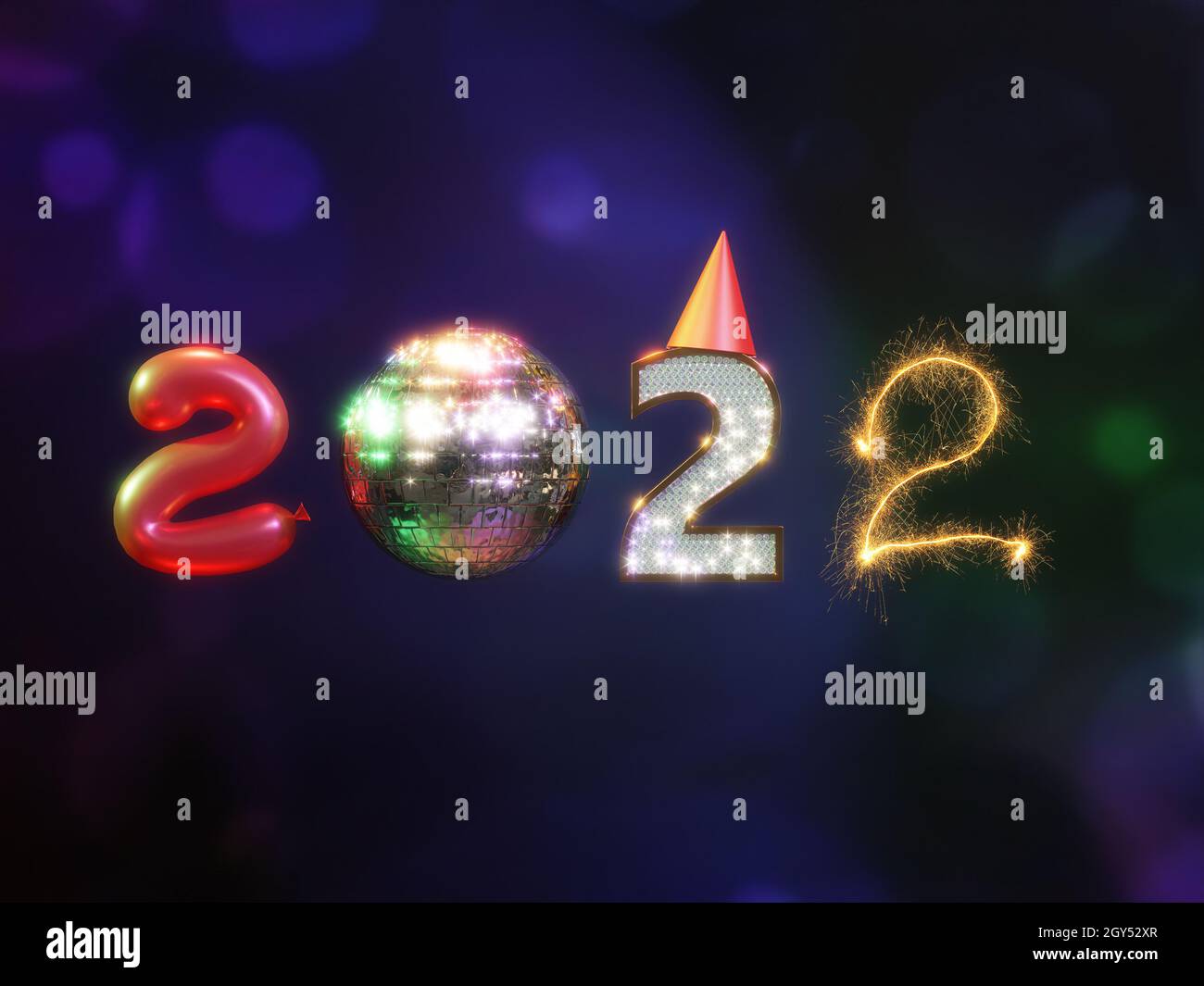 3D rendering of New Year 2022 date composed of balloon-shaped digit, shiny disco ball and fireworks over blurred background Stock Photo