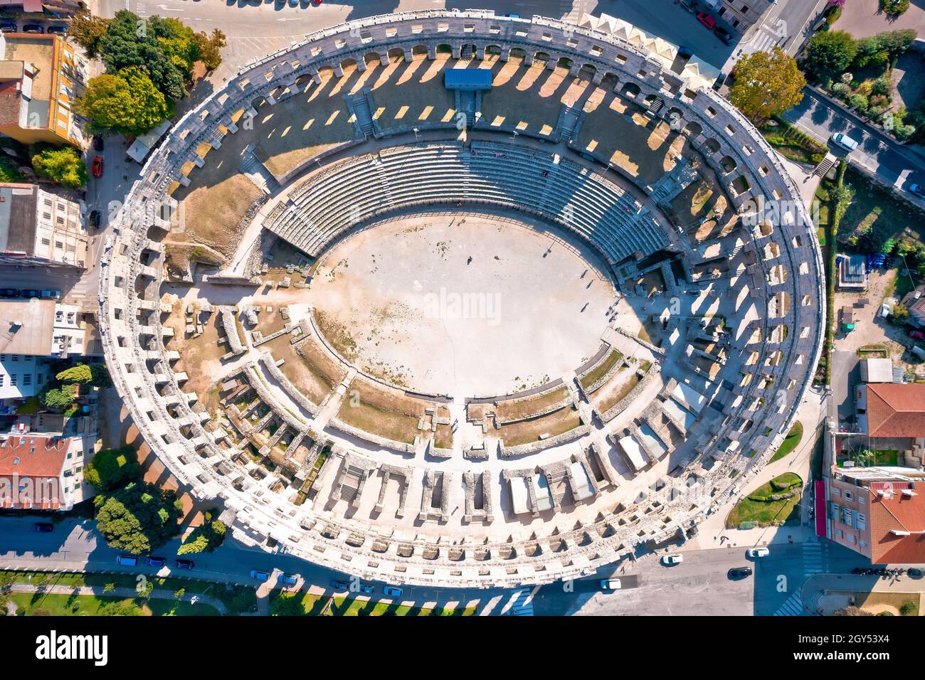 Arena Pula. Ancient ruins of Roman amphitheatre in Pula aerial view, Istria region of Croatia Stock Photo