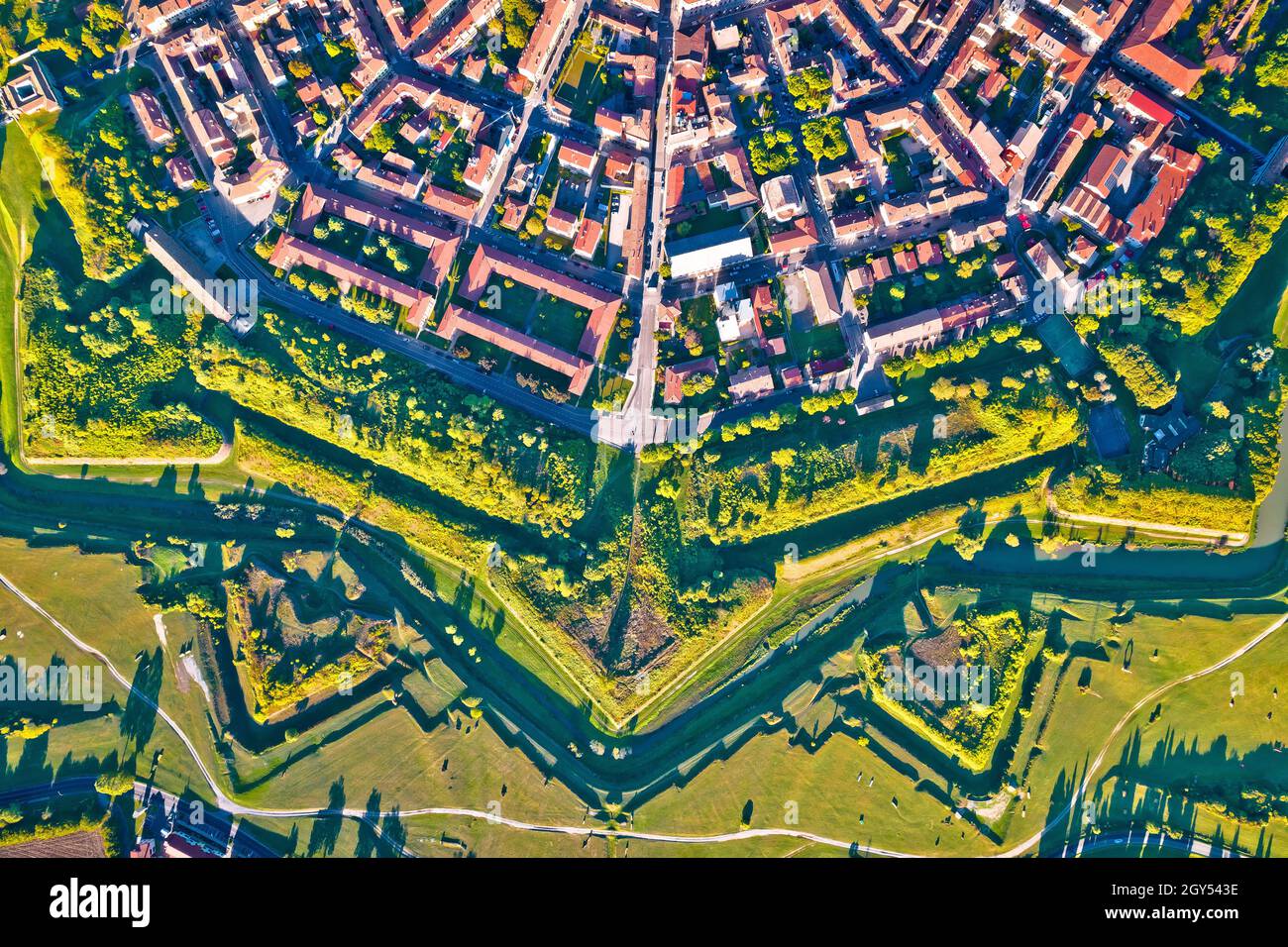 Town of Palmanova defense walls and trenches aerial view, UNESCO world heritage site in Friuli Venezia Giulia region of Italy Stock Photo