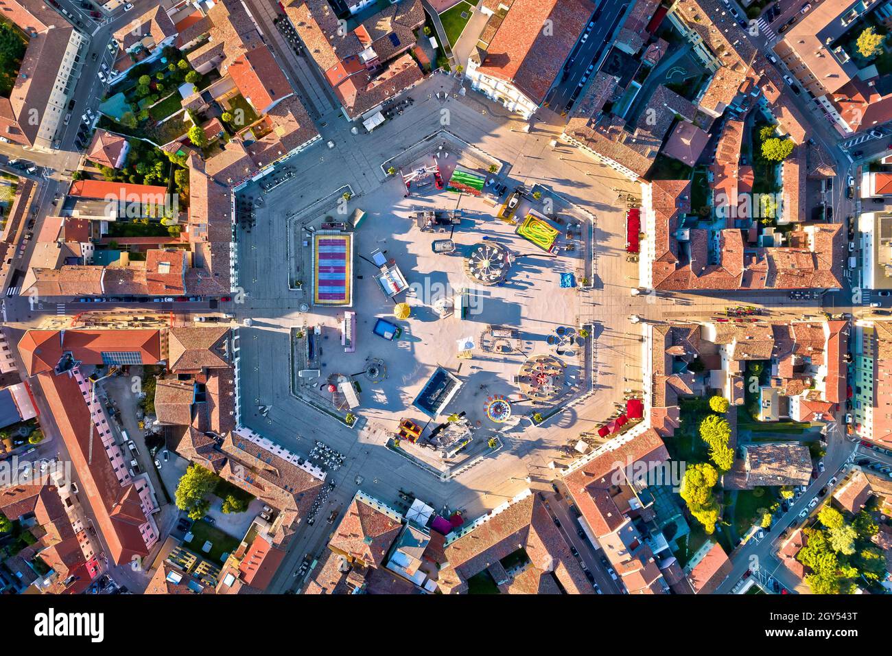 Town of Palmanova hexagonal square aerial view, UNESCO world heritage site in Friuli Venezia Giulia region of Italy Stock Photo
