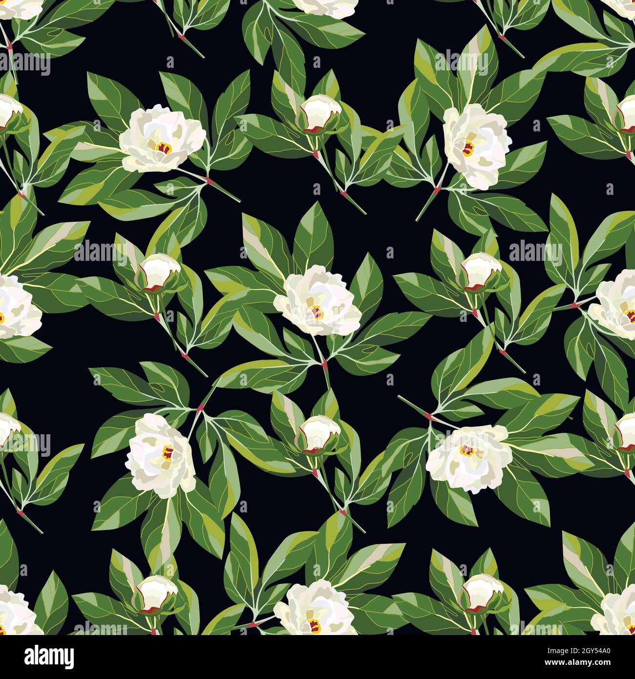 Seamless floral pattern with white peonies and decorative herbs on ...