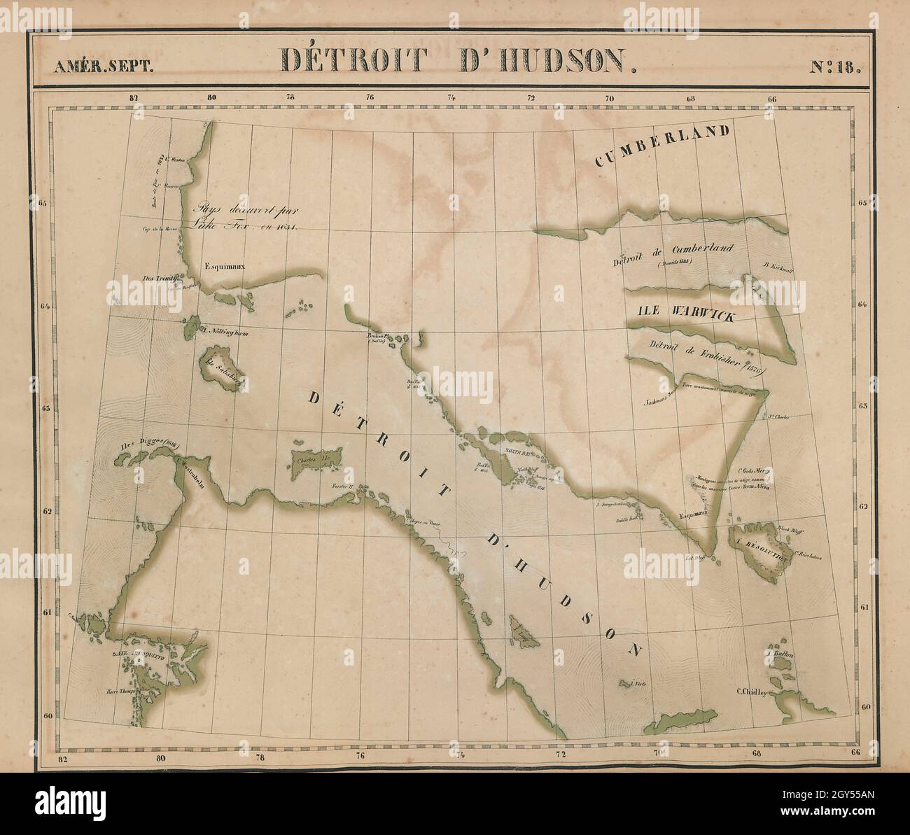 Amér Sep. Détroit d'Hudson Strait #18 Baffin Island Canada VANDERMAELEN 1827 map Stock Photo