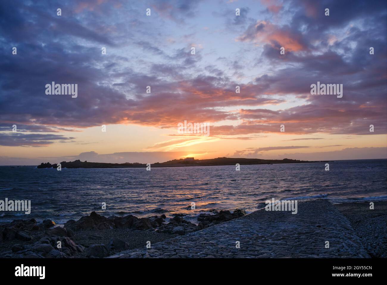 Lihou Island at sunset from L'Erée Headland, Guernsey, Channel Islands00000000000000000000000000000 Stock Photo
