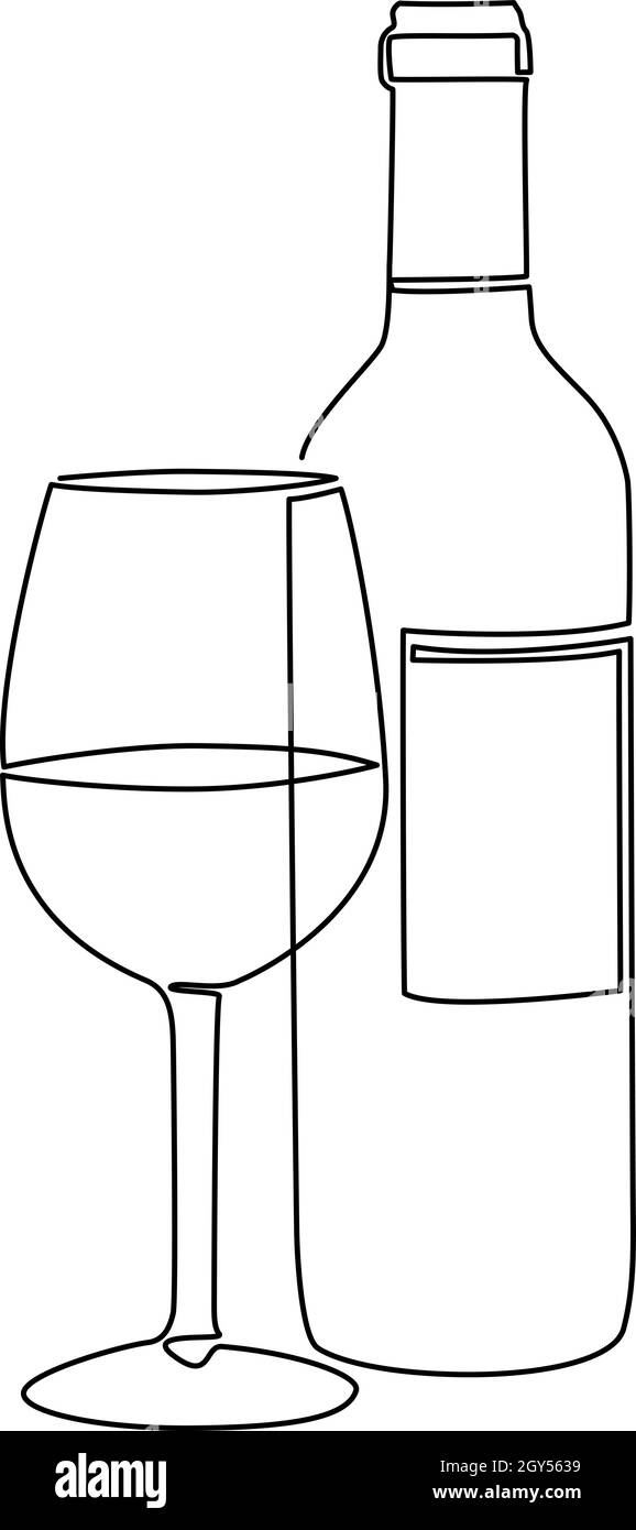 continuous single line wine bottle and wine glass, line art vector illustration Stock Vector