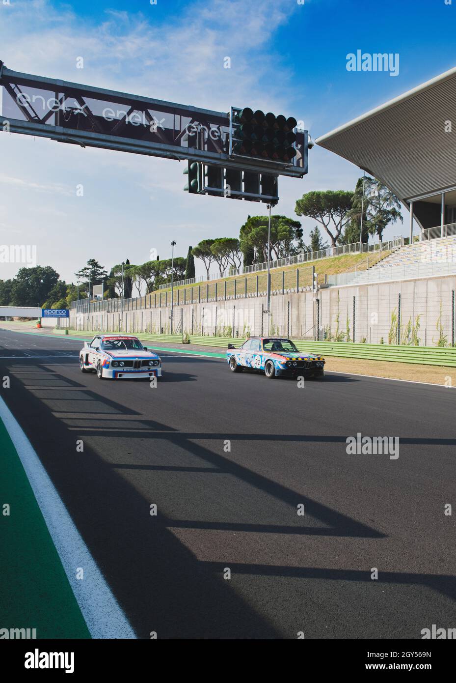 Italy, september 11 2021. Vallelunga classic. 70s vintage touring BMW cars racing in asphalt circuit straight racetrack Stock Photo