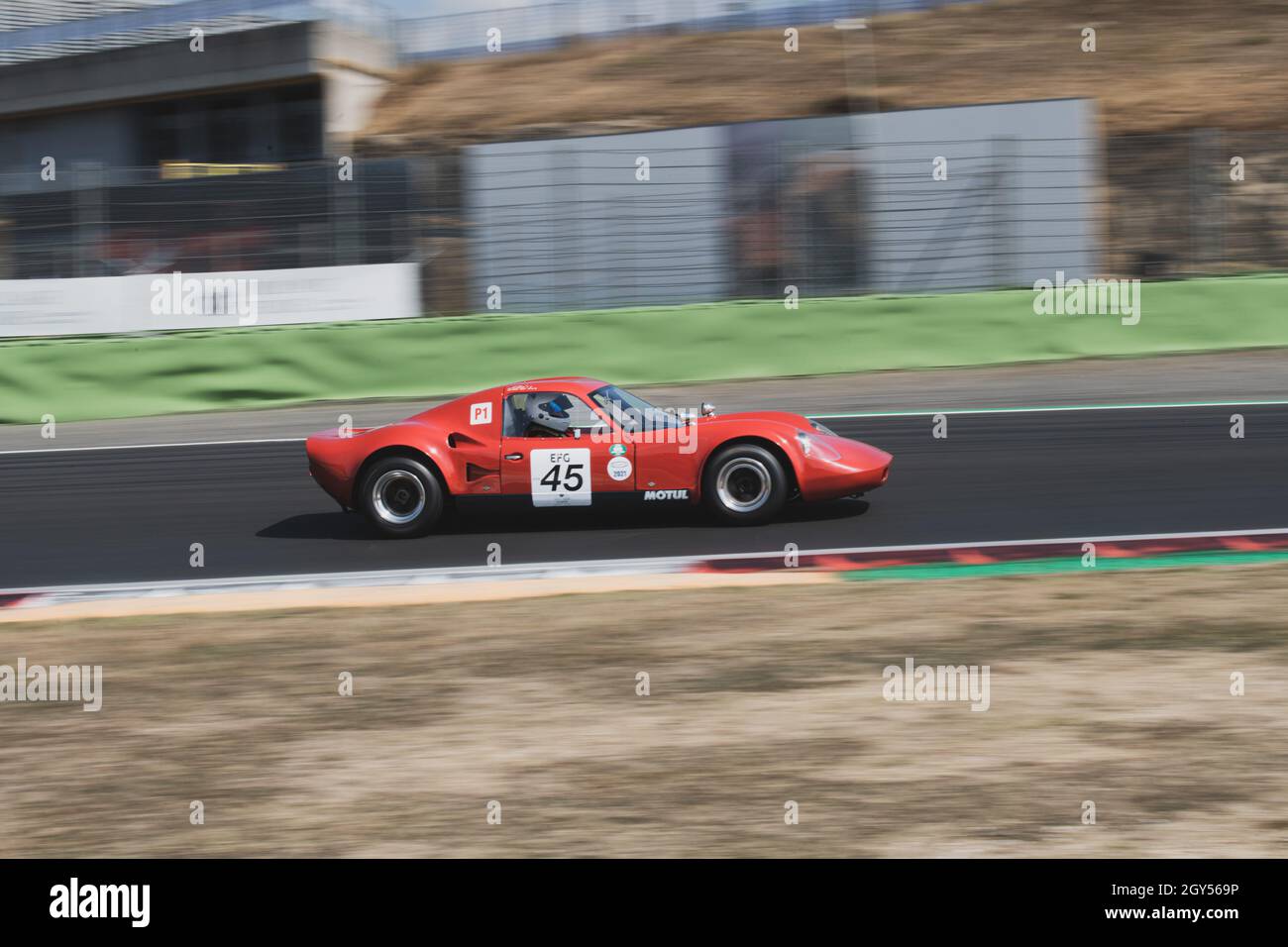Italy, september 11 2021. Vallelunga classic. 70s vintage race car prototype endurance blurred motion background  Chevron B8 on asphalt racetrack Stock Photo