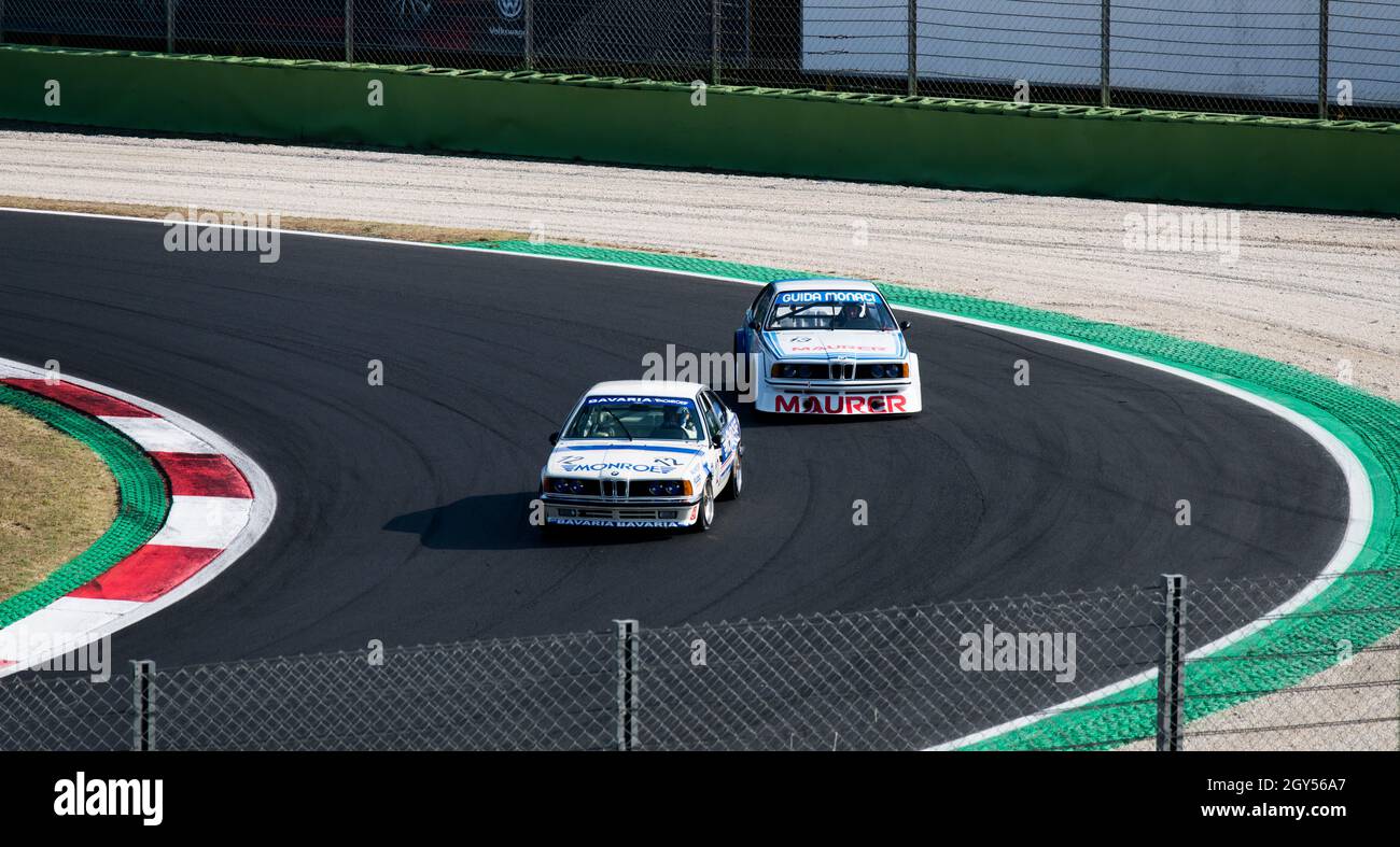 Italy, september 11 2021. Vallelunga classic. 70s vintage touring BMW cars racing in asphalt circuit turn racetrack Stock Photo