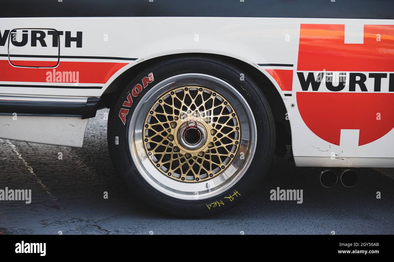 Italy, september 11 2021. Vallelunga classic. Race car tire close up Avon logo brand name Stock Photo