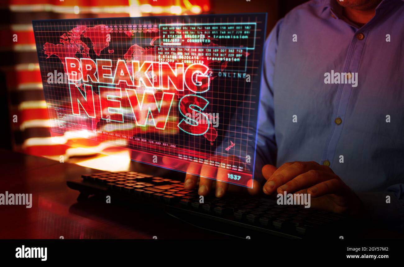 Breaking News on computer screen. Broadcast, live media, headline information and communication abstract concept 3d with glitch effect. Man typing key Stock Photo