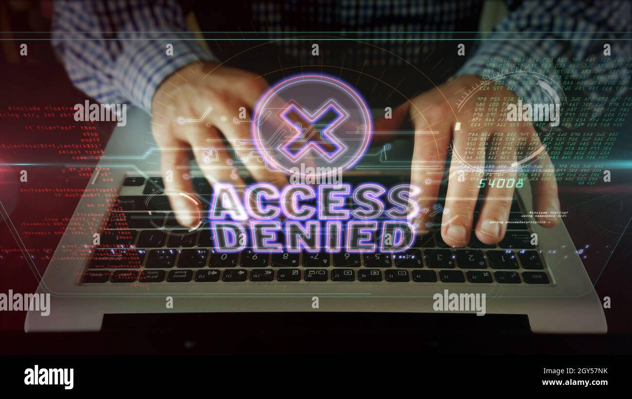 Access Denied neon sign concept, cyber security and system protection. Glowing text. Futuristic 3d rendering illustration. Stock Photo