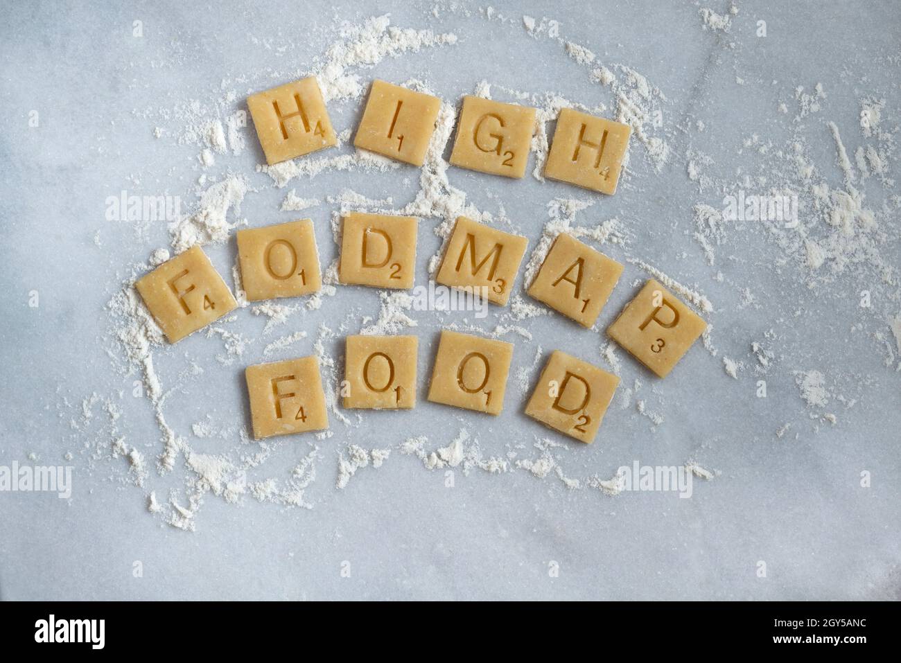 Wheat pastry squares spelling out 'High Fodmap Food'. Stock Photo