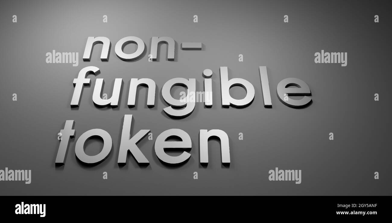 Non-fungible token (NFT) word and letters in black and white monochrome color, conceptual 3D illustration with lighting and shadows Stock Photo