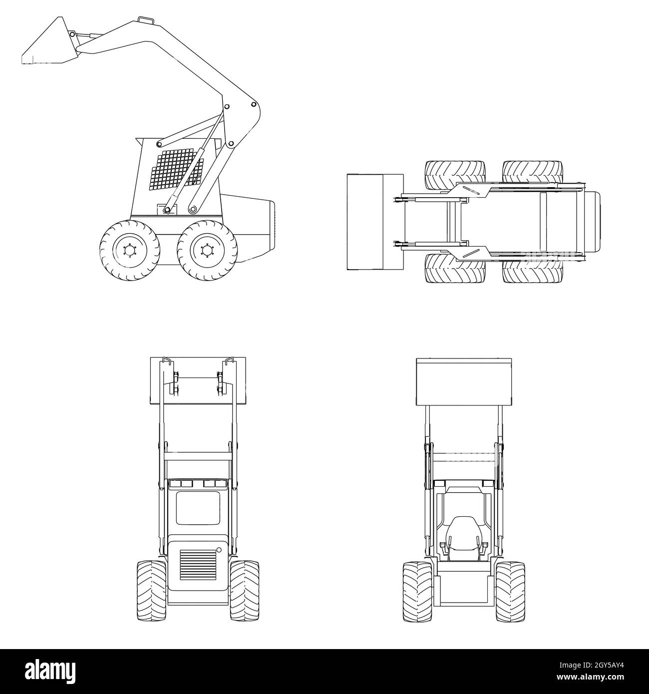 Set with wireframe of a small forklift from black lines isolated on white background. Side, front, back, top view. Vector illustration. Stock Vector