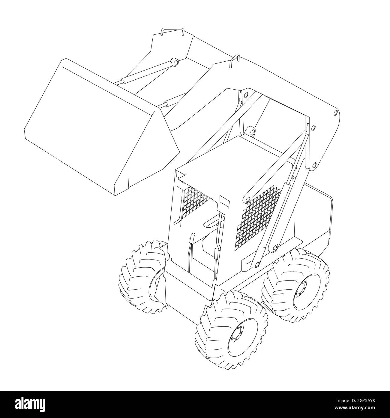 Outline of a small forklift from black lines isolated on a white background. Isometric view. Vector illustration. Stock Vector