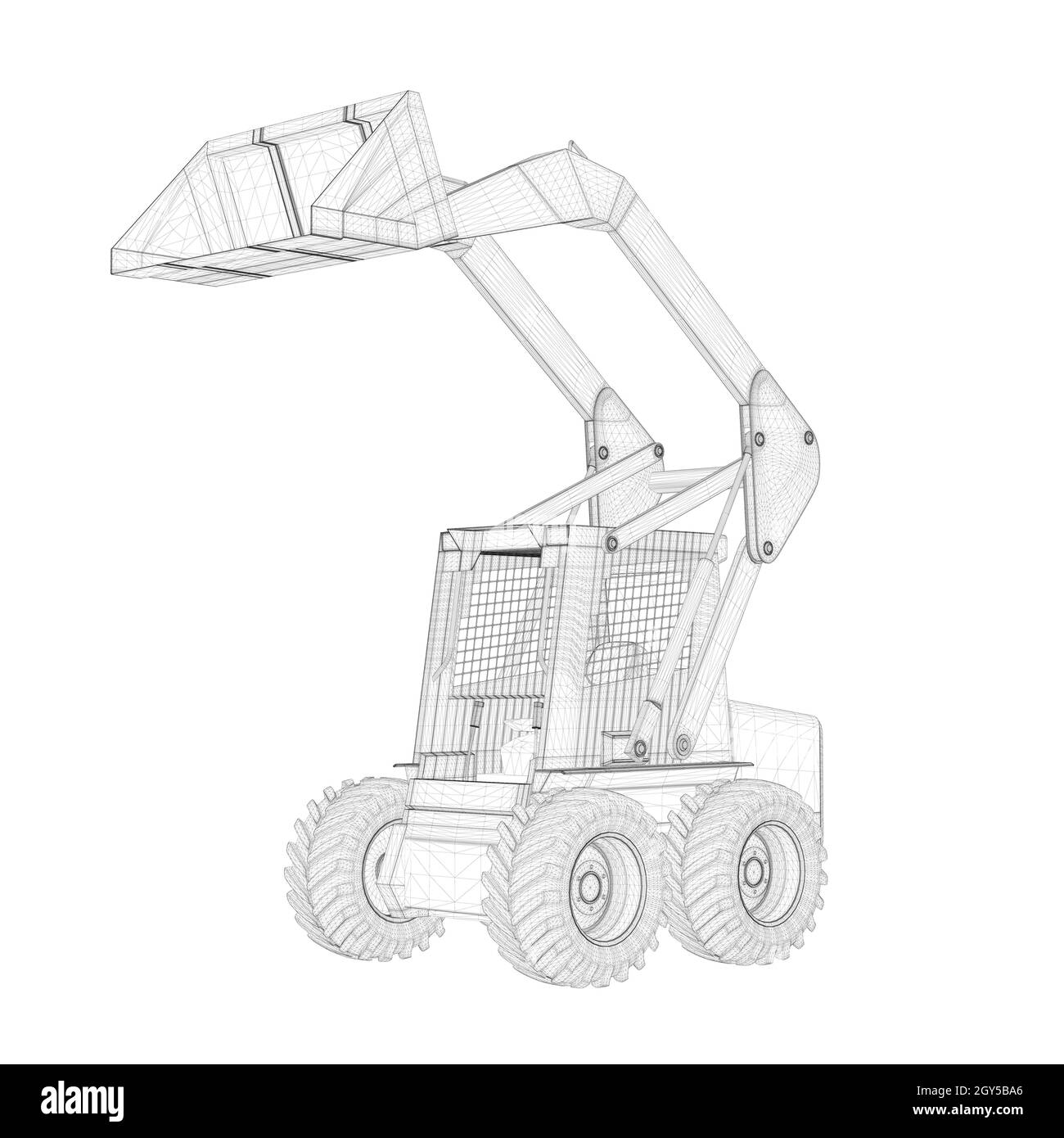 Small forklift wireframe from black lines isolated on white background. Isometric view. 3D. Vector illustration. Stock Vector