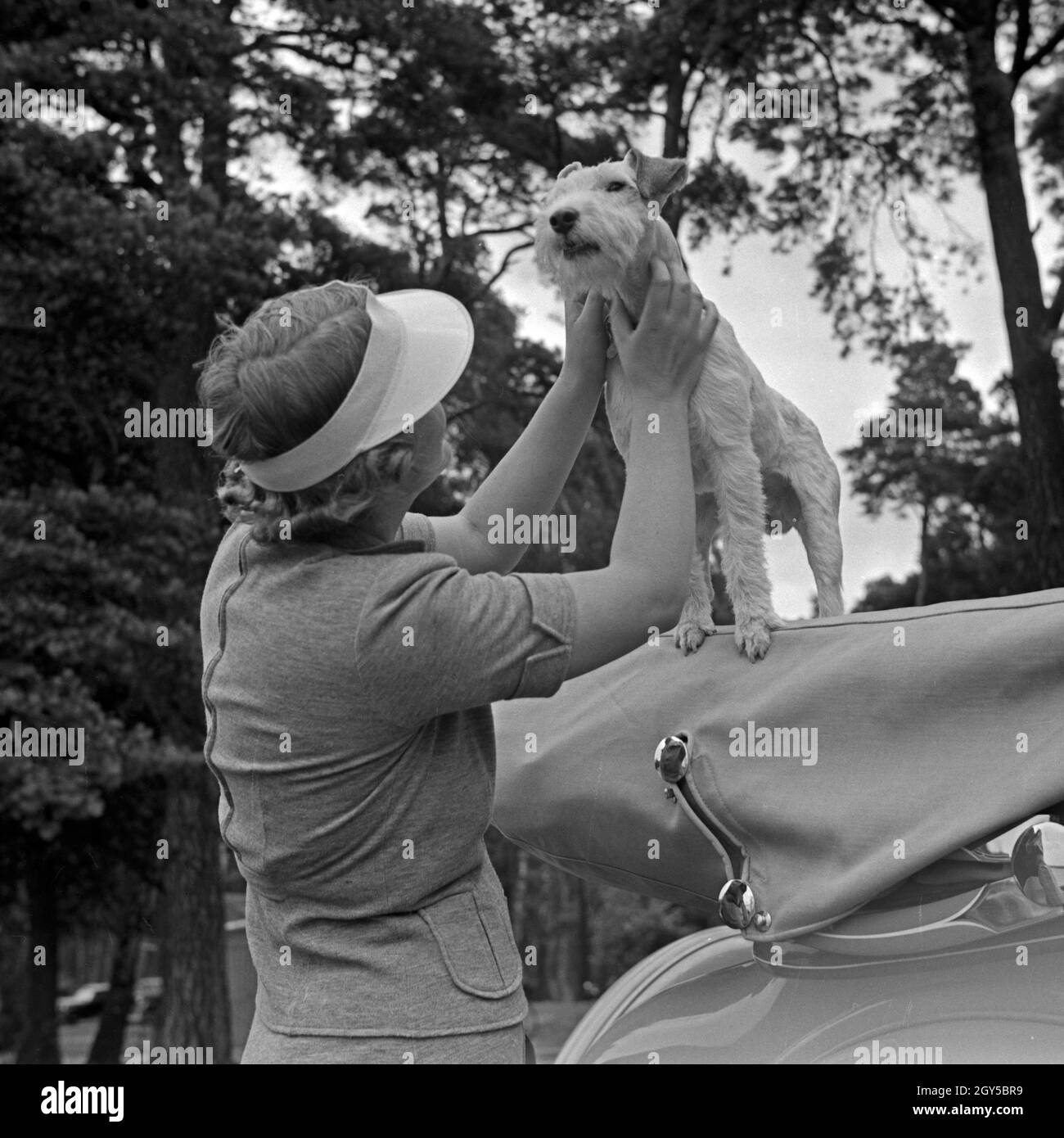 Eine junge Frau spielt mit einem Foxterrier, Deutschland 1930er Jahre. A young woman playing with a fox terrier, Germany 1930s. Stock Photo