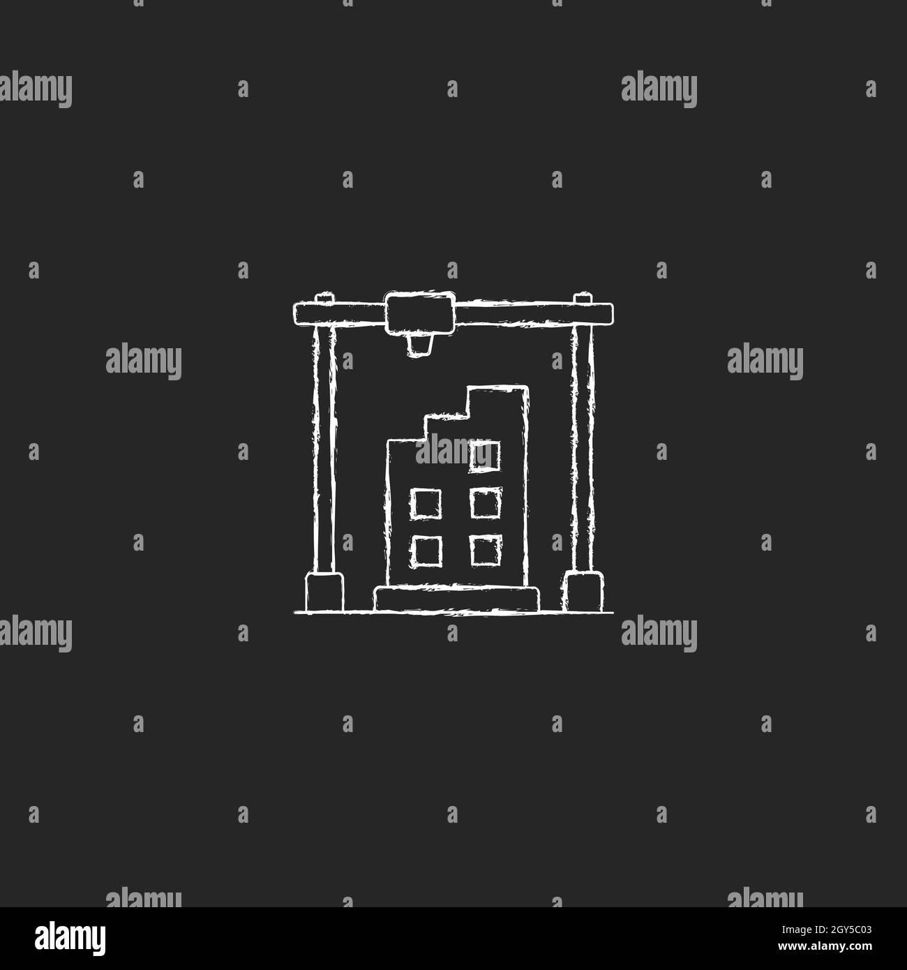3d printed building design chalk white icon on dark background Stock Vector