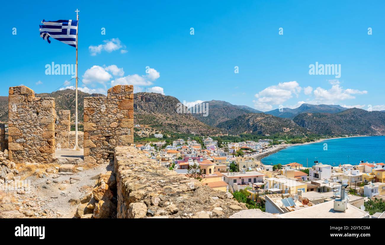 Panoramic view to Castel Selino fortress and cityscape of Palaiochora. Crete, Greece Stock Photo