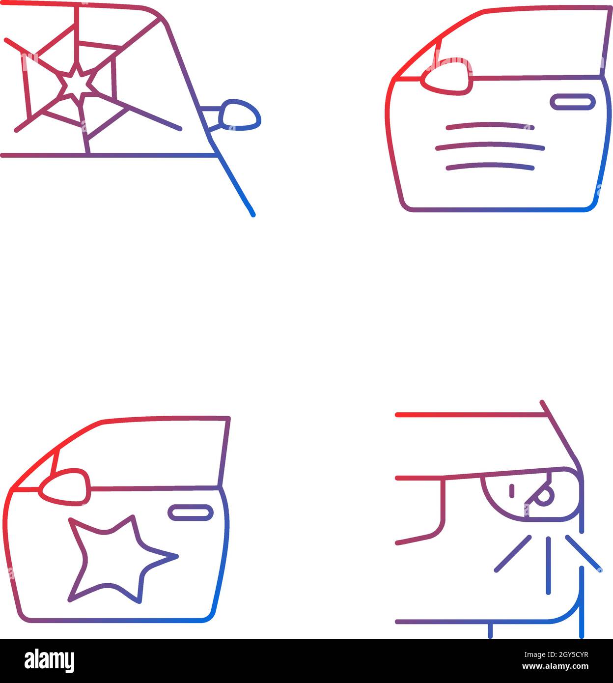 Auto accident types gradient linear vector icons set Stock Vector