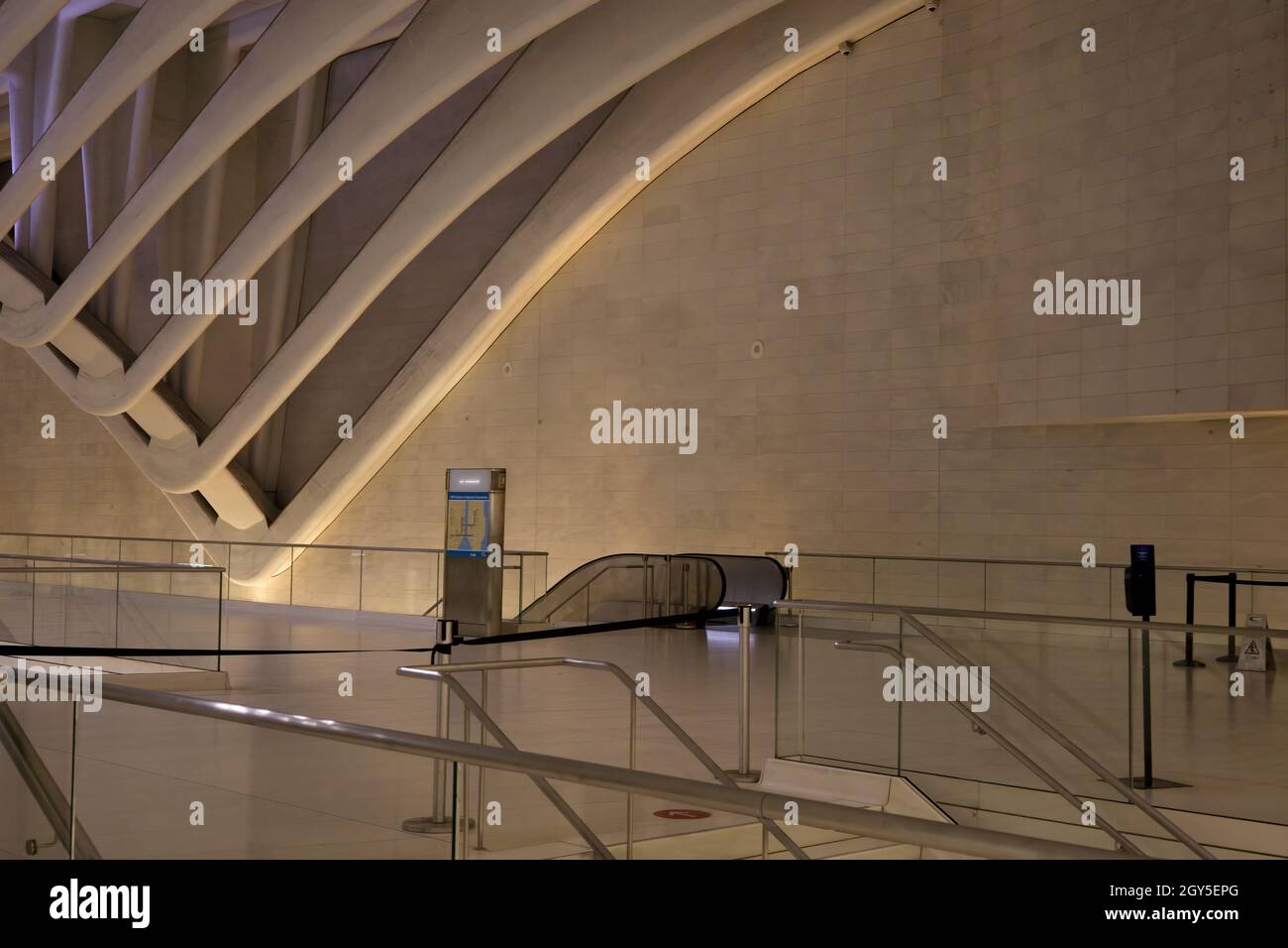 New York, NY, USA - Oct 6, 2021: The architectural beauty of the PATH tube entrance in the Oculus Stock Photo
