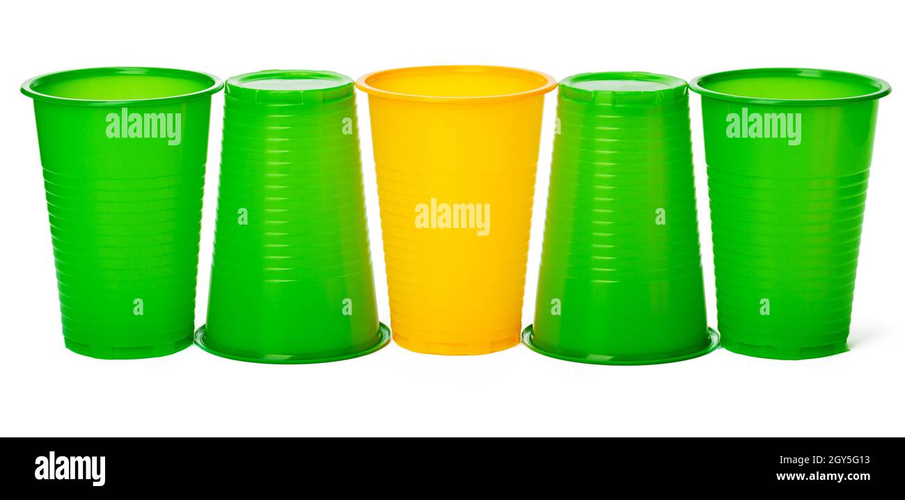 Colored disposable cups for drinks isolated on white Stock Photo