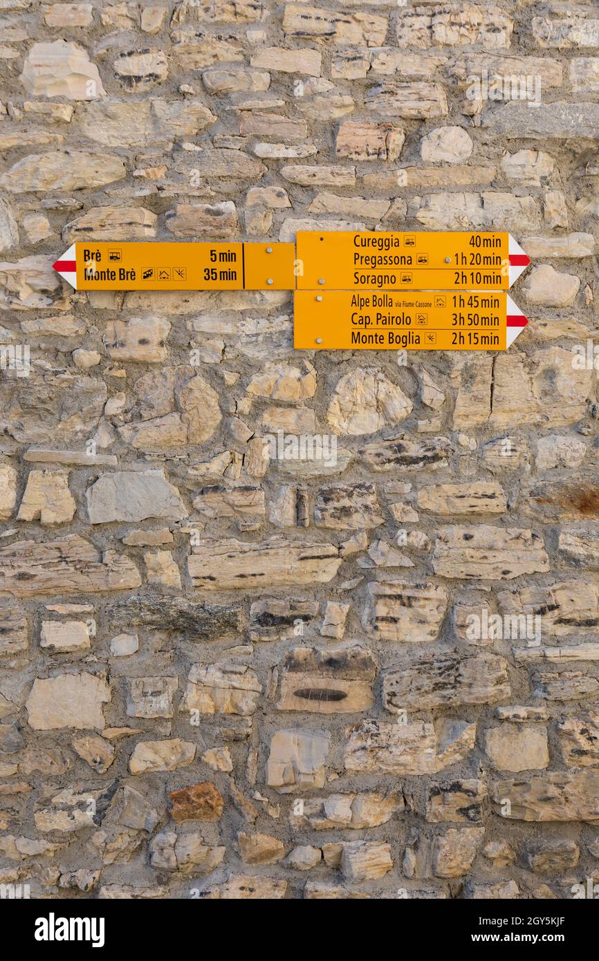 08.04.2021 Brè Paese in Ticino, detail roads signs of track Stock Photo