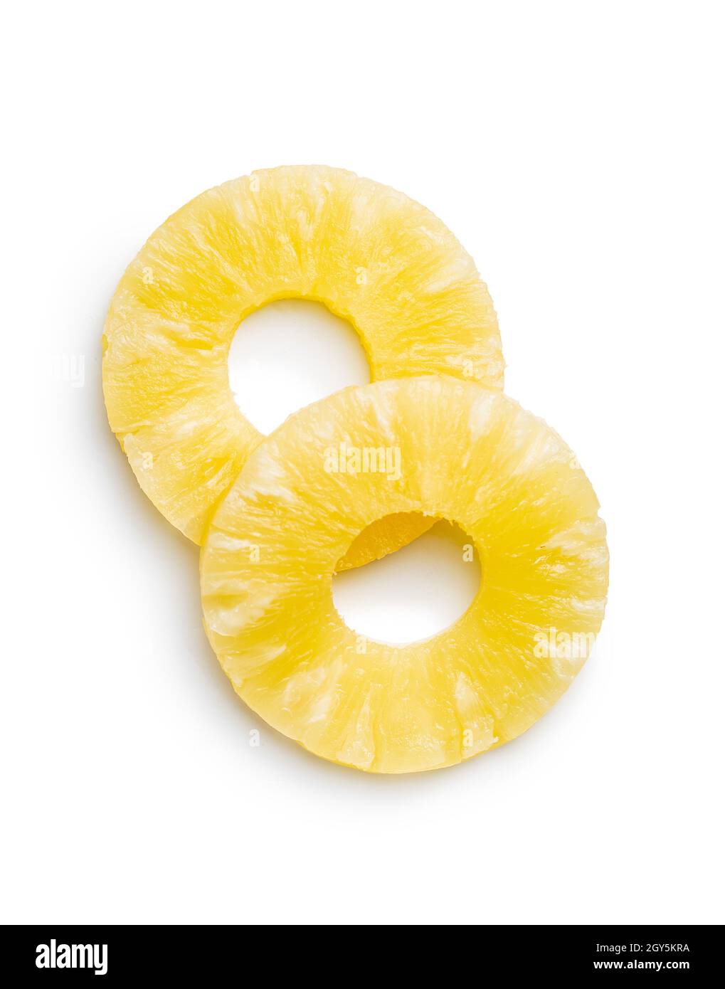 Canned sliced pineapple fruit isolated on white background. Stock Photo