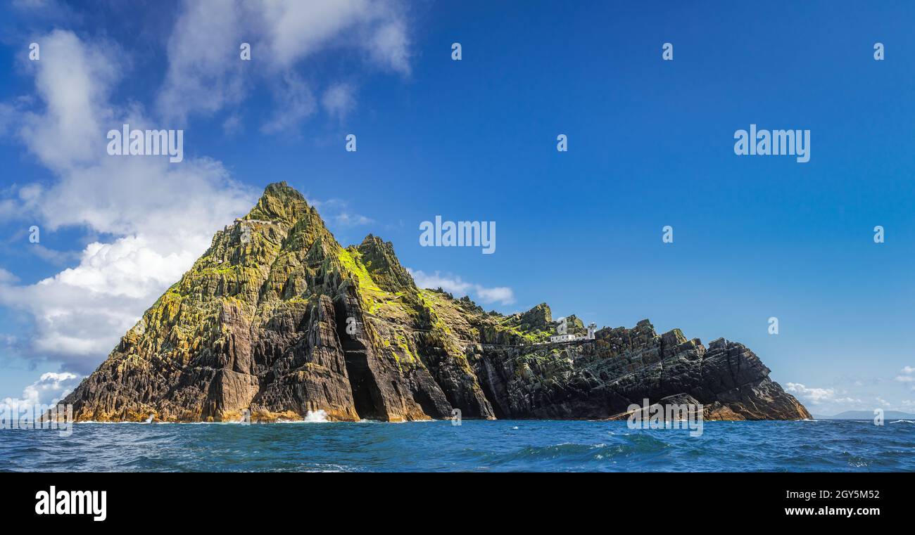 Panorama of entire beautiful Skellig Michael island with Skellig Lighthouse. Star Wars film