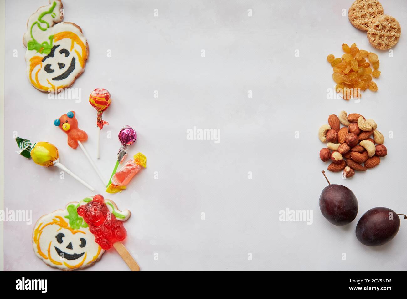 Trick or treat concept lettering. Healthy and unhealthy food in