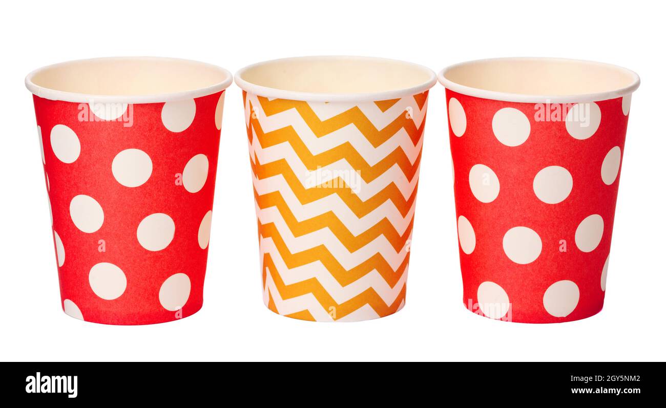 Paper disposable cups with colored pattern isolated on white background Stock Photo