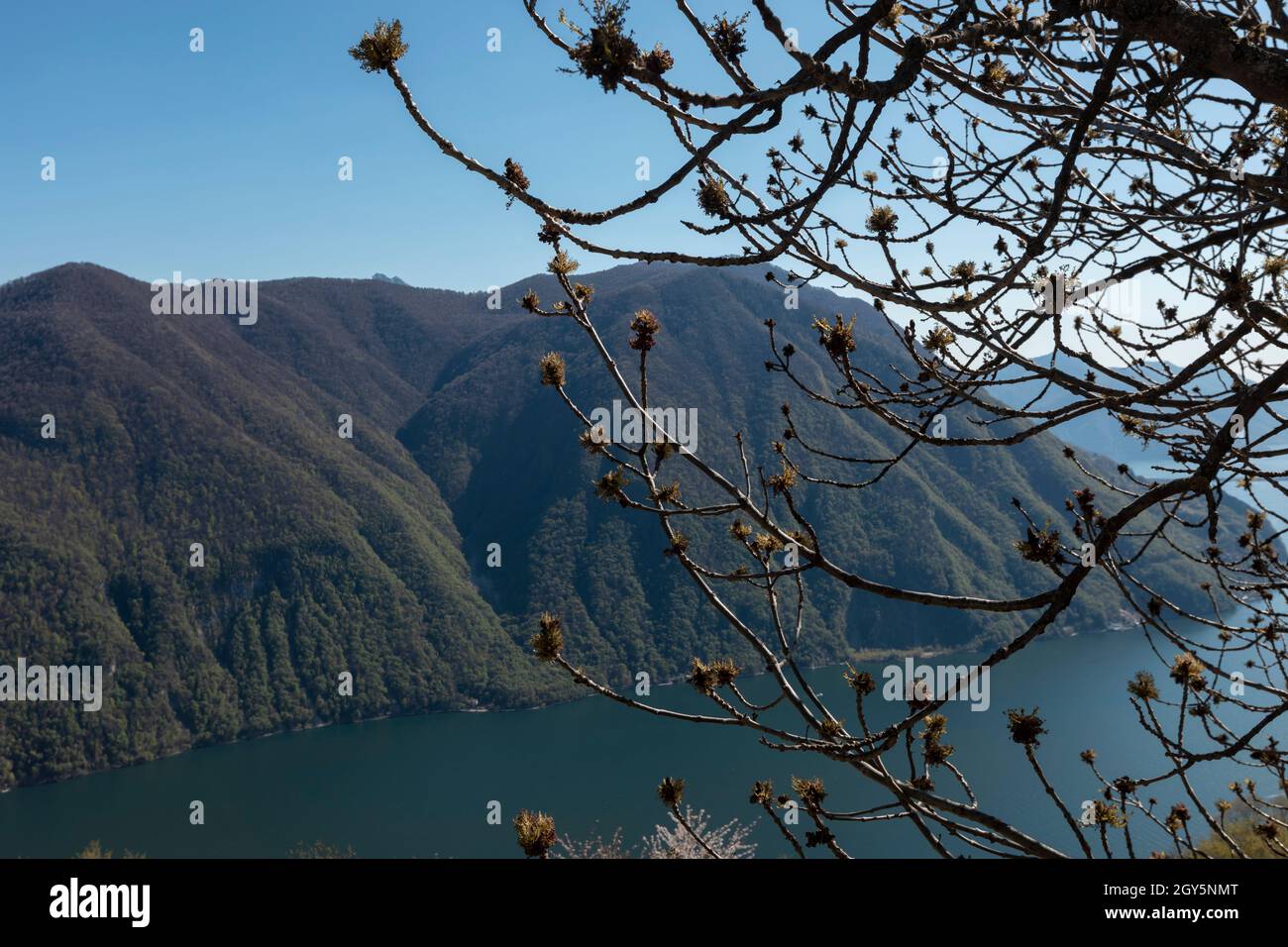 08.04.2021 Brè Paese in Ticino, Switzerland. Panorama of Lake Lugano from Brè Paese. Sunny spring day Stock Photo