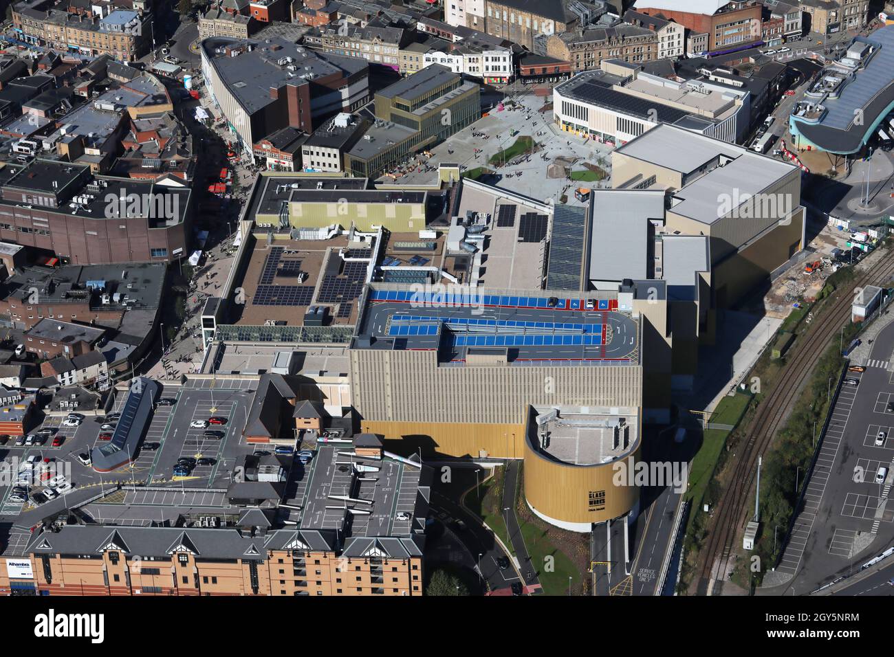 aerial view of The Glass Works Shopping Centre in Barnsley town centre, South Yorkshire Stock Photo