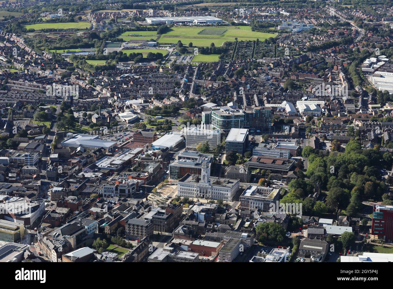 aerial view of Barnsley town centre looking west, South Yorkshire Stock Photo