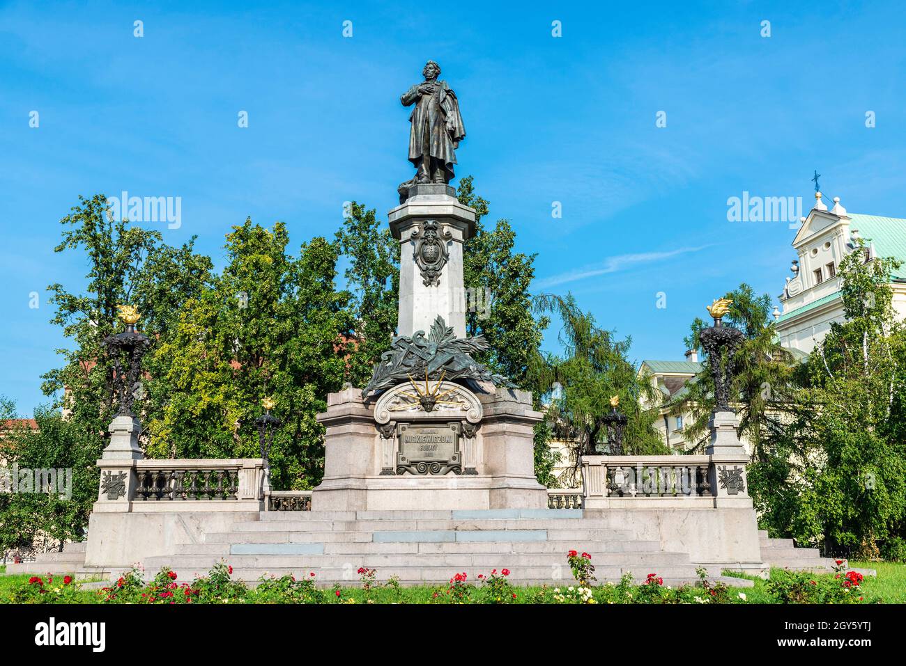 Mickiewiczowi Monument in the Adam Mickiewicz Square in the old town of Warsaw, Poland Stock Photo