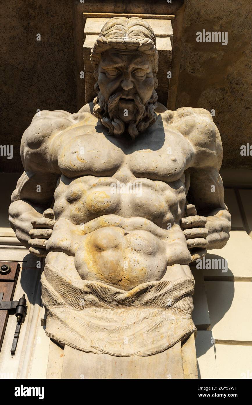 Facade with classical Greek-style sculptures of the Warsaw University or Uniwersytet Warszawski in Krakowskie Przedmiescie in the old town of Warsaw, Stock Photo