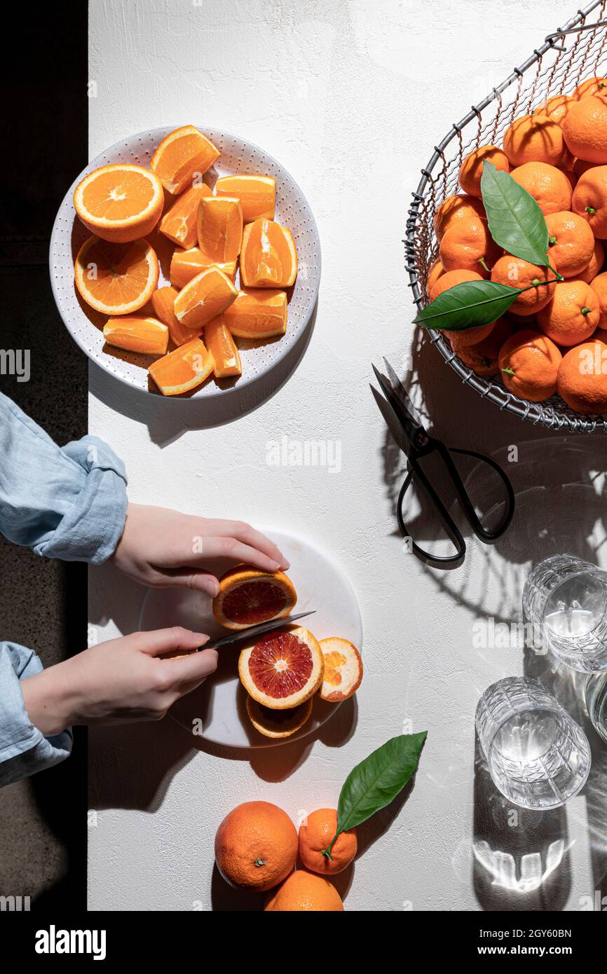Citrus harvest featuring oranges, blood oranges, and satsuma mandarins