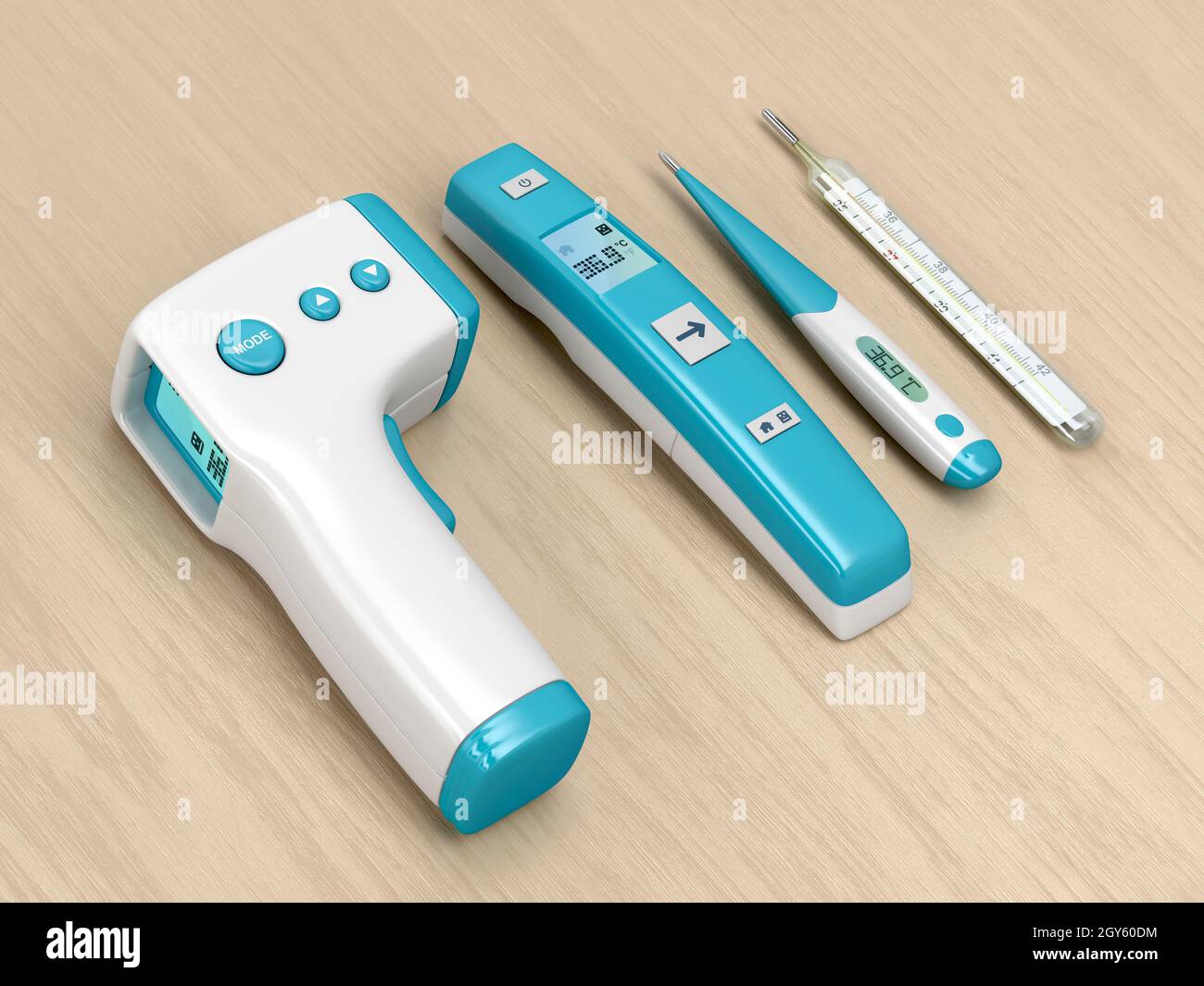 Four different types of medical thermometers on wood table Stock Photo