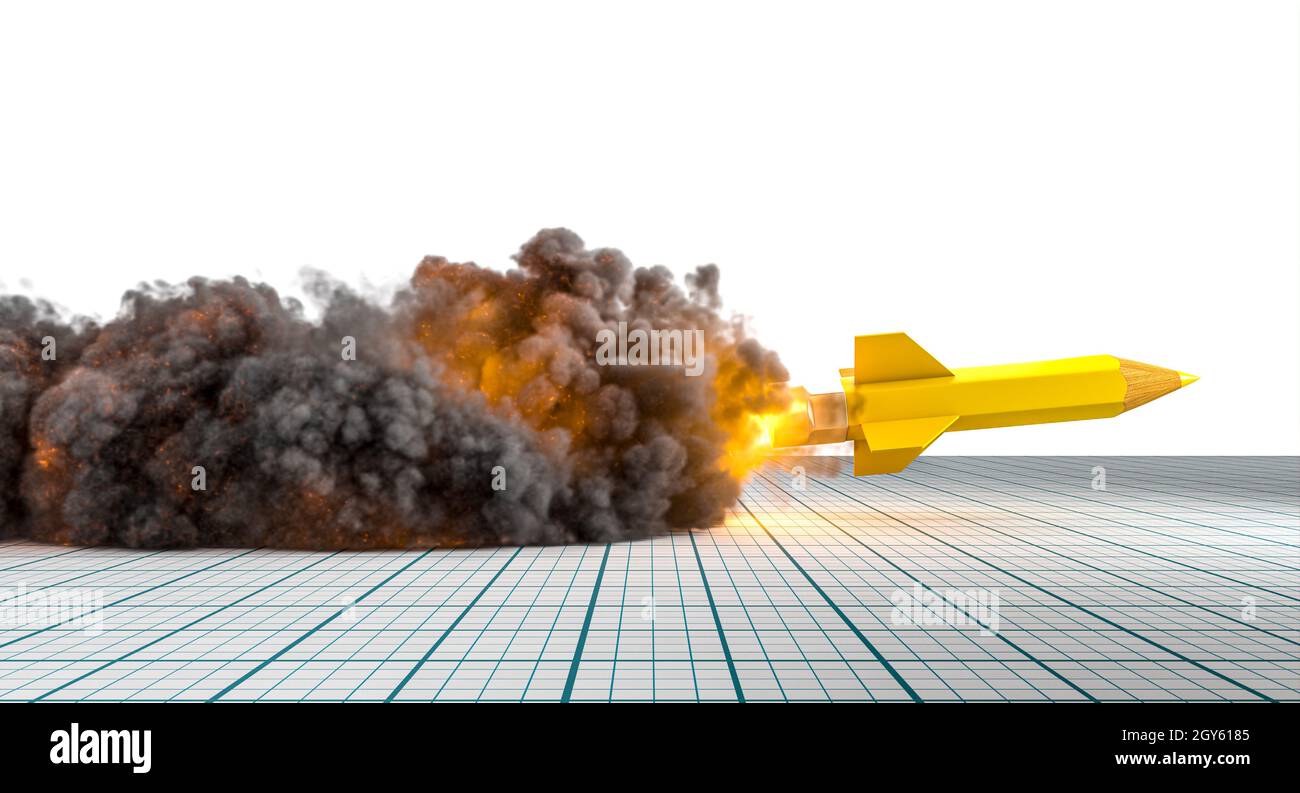 pencil in the shape of a rocket taking off with flames and smoke. 3d ...