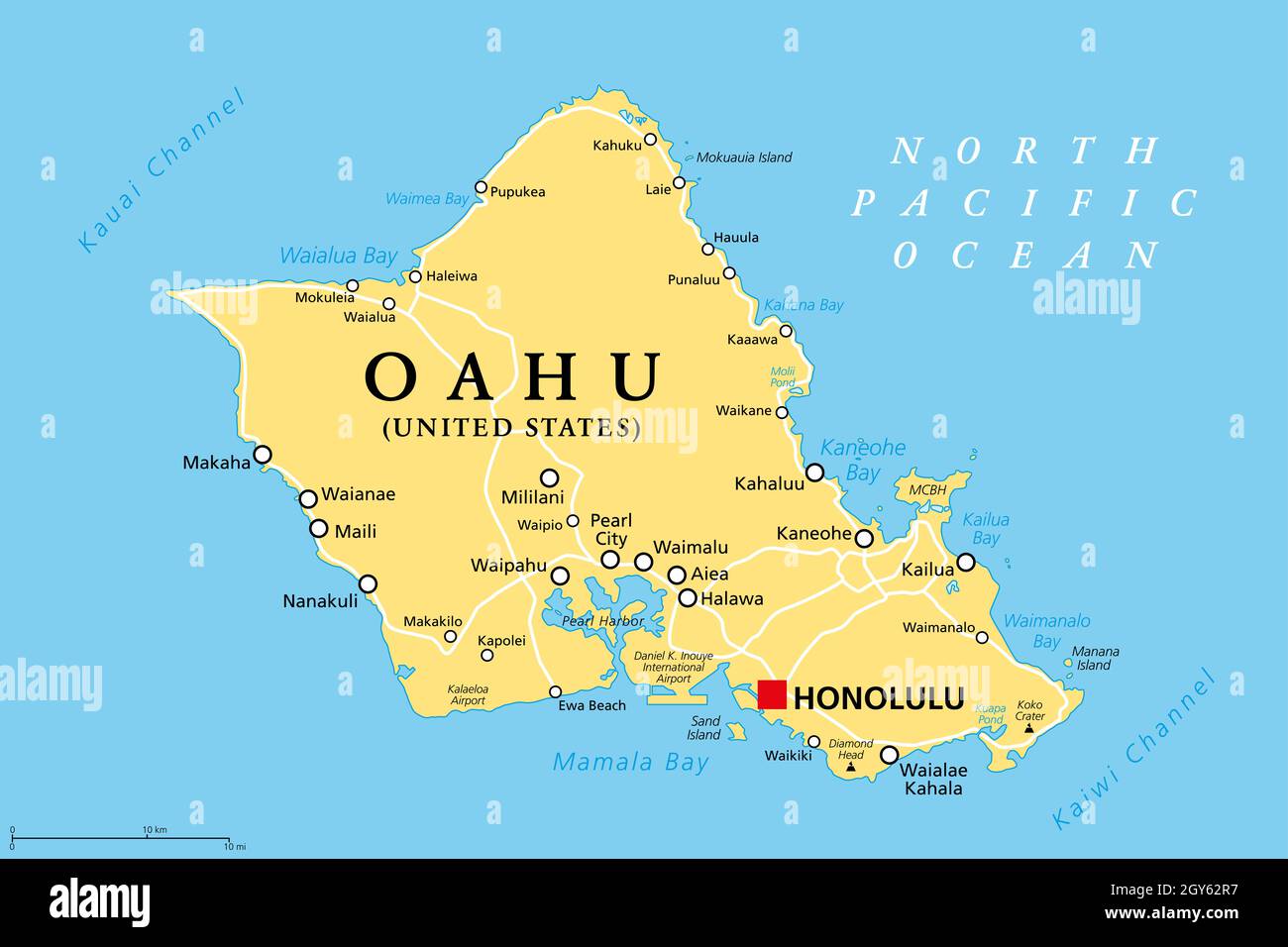 Oahu, Hawaii, political map with capital Honolulu. Part of the Hawaiian Islands and Hawaii, a state of the United States in the North Pacific Ocean. Stock Photo