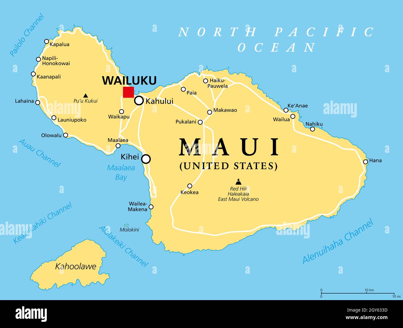Maui, Hawaii, political map with capital Wailuku. Part of Hawaiian Islands and Hawaii, a state of the United States in the North Pacific Ocean. Stock Photo