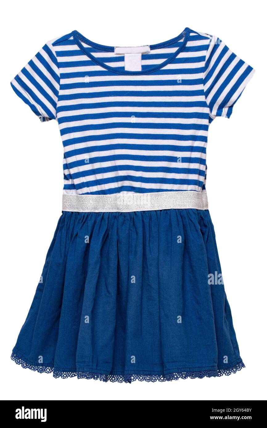 Summer dress isolated. Closeup of a beautiful blue striped baby girl dress  isolated on a white background. Children spring fashion. Macro Stock Photo  - Alamy