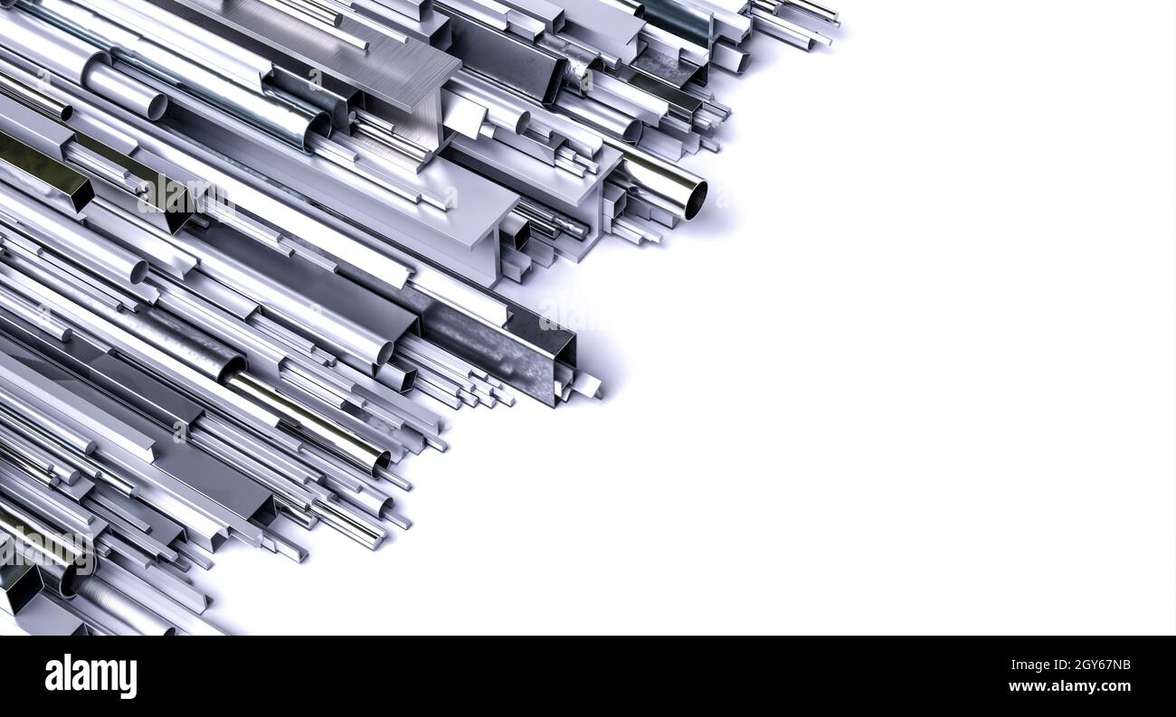 metal profiles of different shapes and sizes. 3d render. Stock Photo