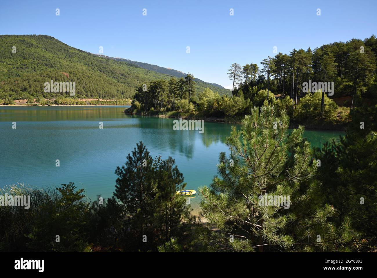 Natural landscape with panoramic view of Lake Doxa an artificial lake and  reservoir in Feneos, Corinthia Greece Stock Photo - Alamy